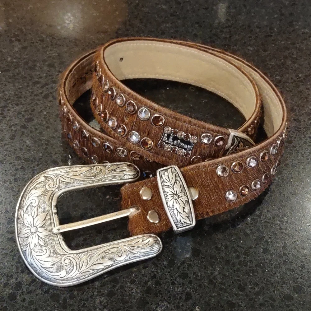 B.B. Simon | Crystal Embellished Brown Calf Hair Cowgirl Formal Western Belt